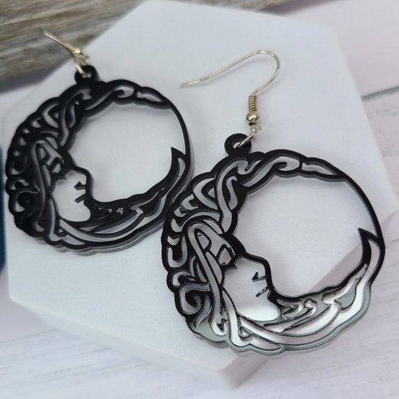 Steampunk Celestial Crescent Moon Lady Face Silhouette Dangle Earrings - Picture 1 of 5